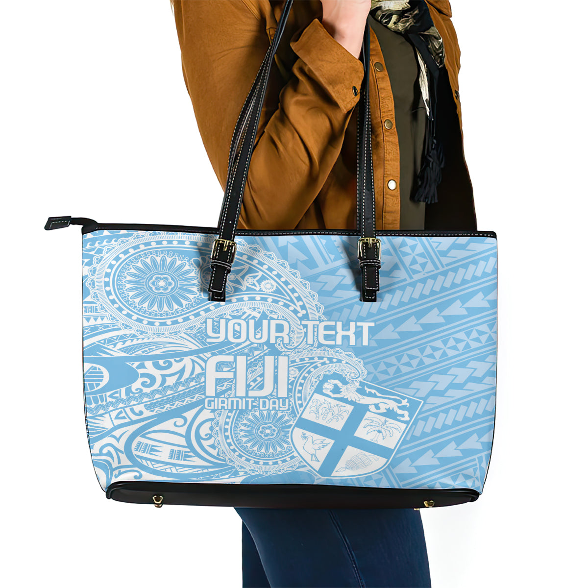 Custom Indo Fijians Leather Tote Bag Fiji ke Hindustani Polyneisan Paisley Blue Style LT9 - Polynesian Pride
