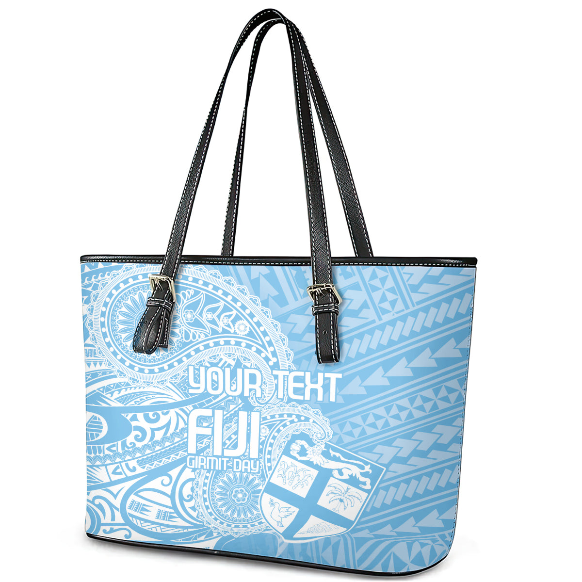 Custom Indo Fijians Leather Tote Bag Fiji ke Hindustani Polyneisan Paisley Blue Style LT9 - Polynesian Pride