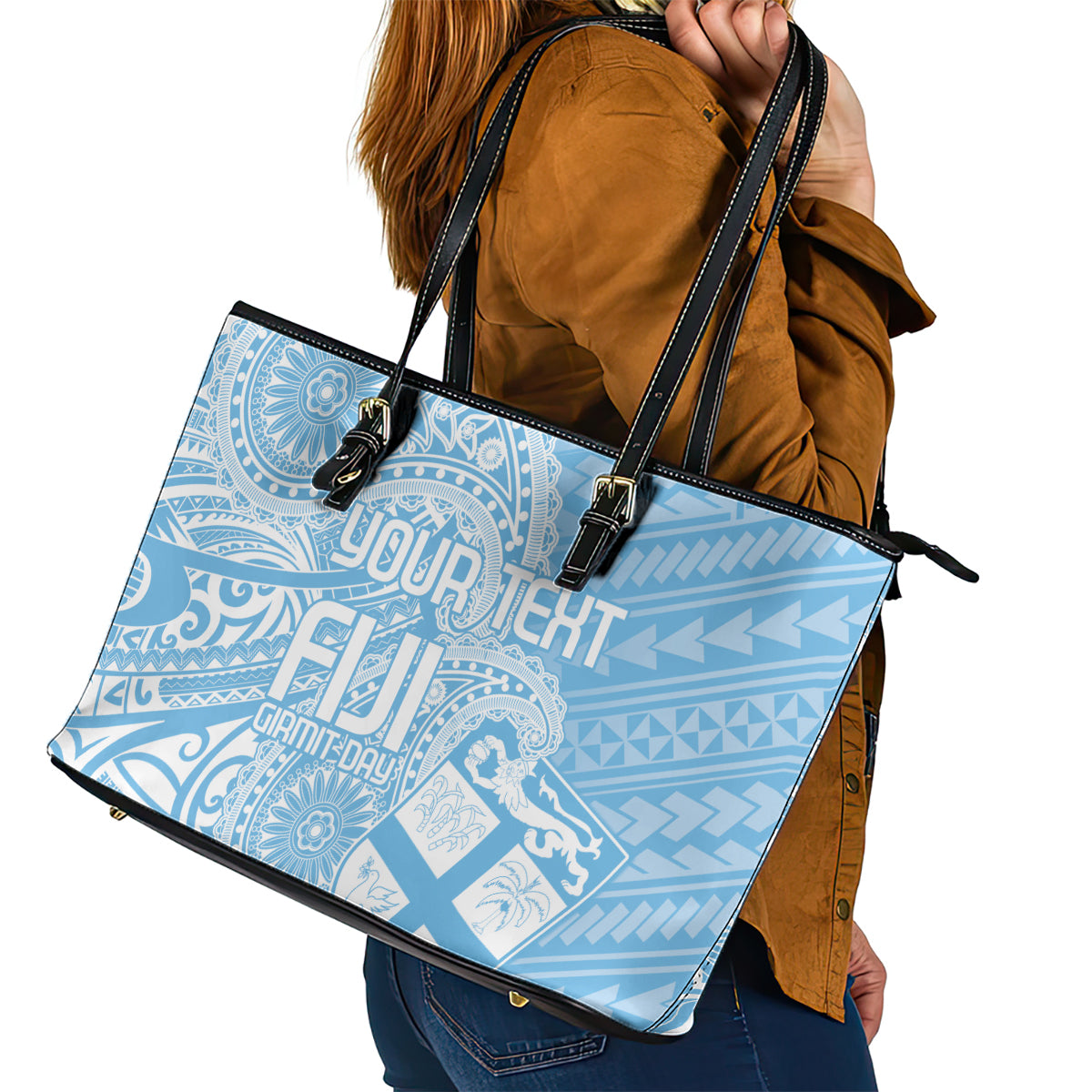 Custom Indo Fijians Leather Tote Bag Fiji ke Hindustani Polyneisan Paisley Blue Style LT9 - Polynesian Pride