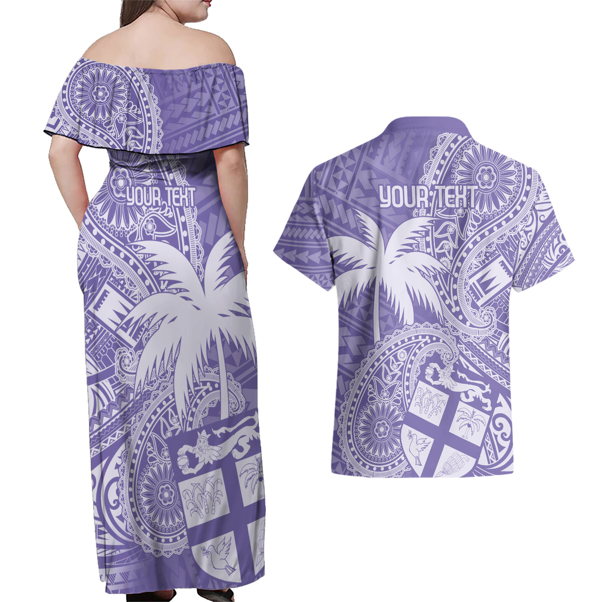 Custom Indo Fijians Couples Matching Off Shoulder Maxi Dress and Hawaiian Shirt Fiji ke Hindustani Polyneisan Paisley Purple Style LT9 - Polynesian Pride