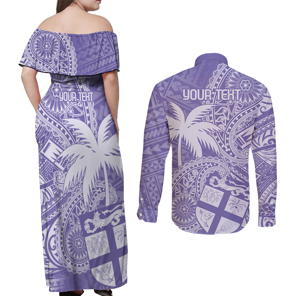 Custom Indo Fijians Couples Matching Off Shoulder Maxi Dress and Long Sleeve Button Shirt Fiji ke Hindustani Polyneisan Paisley Purple Style LT9 - Polynesian Pride