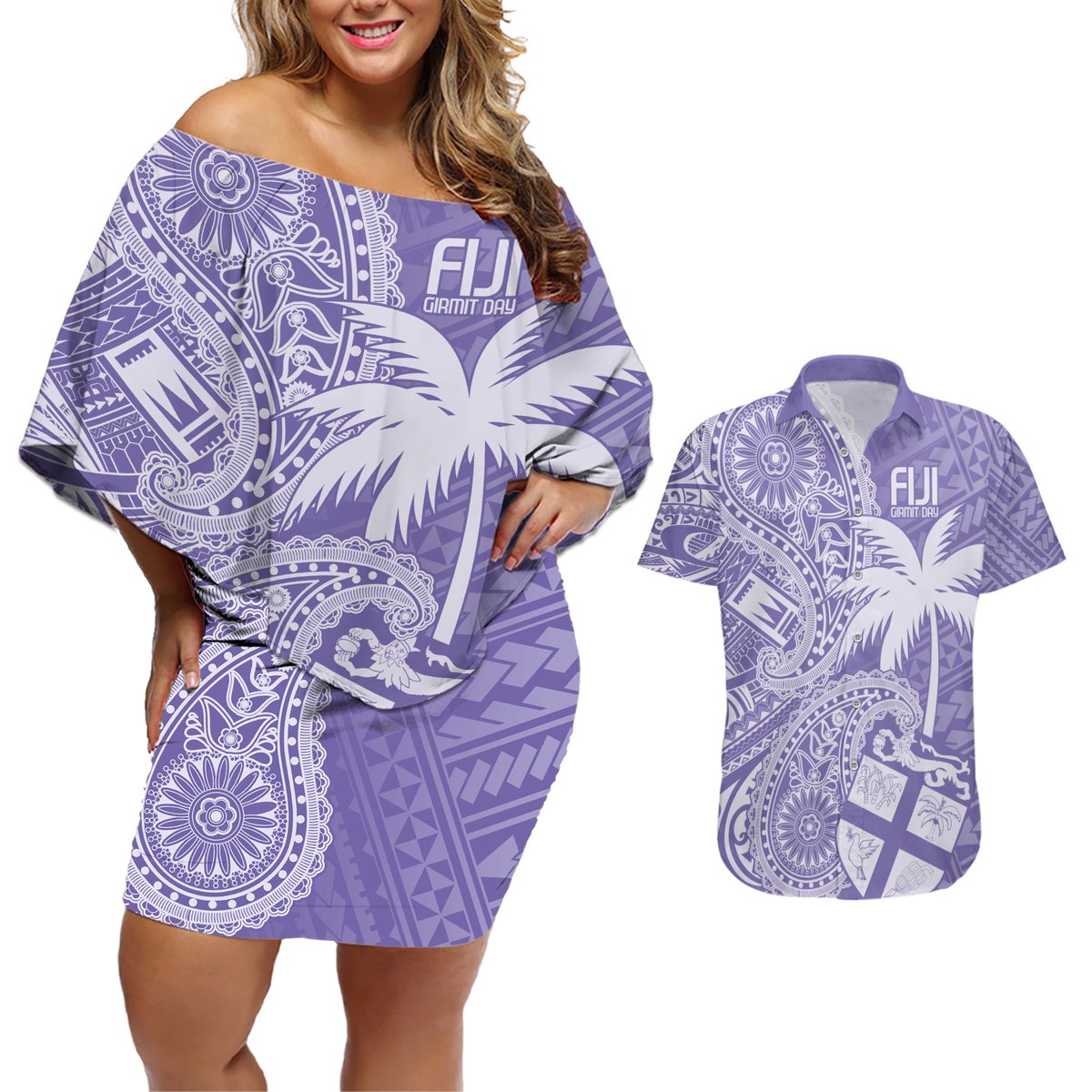 Custom Indo Fijians Couples Matching Off Shoulder Short Dress and Hawaiian Shirt Fiji ke Hindustani Polyneisan Paisley Purple Style LT9 Purple - Polynesian Pride