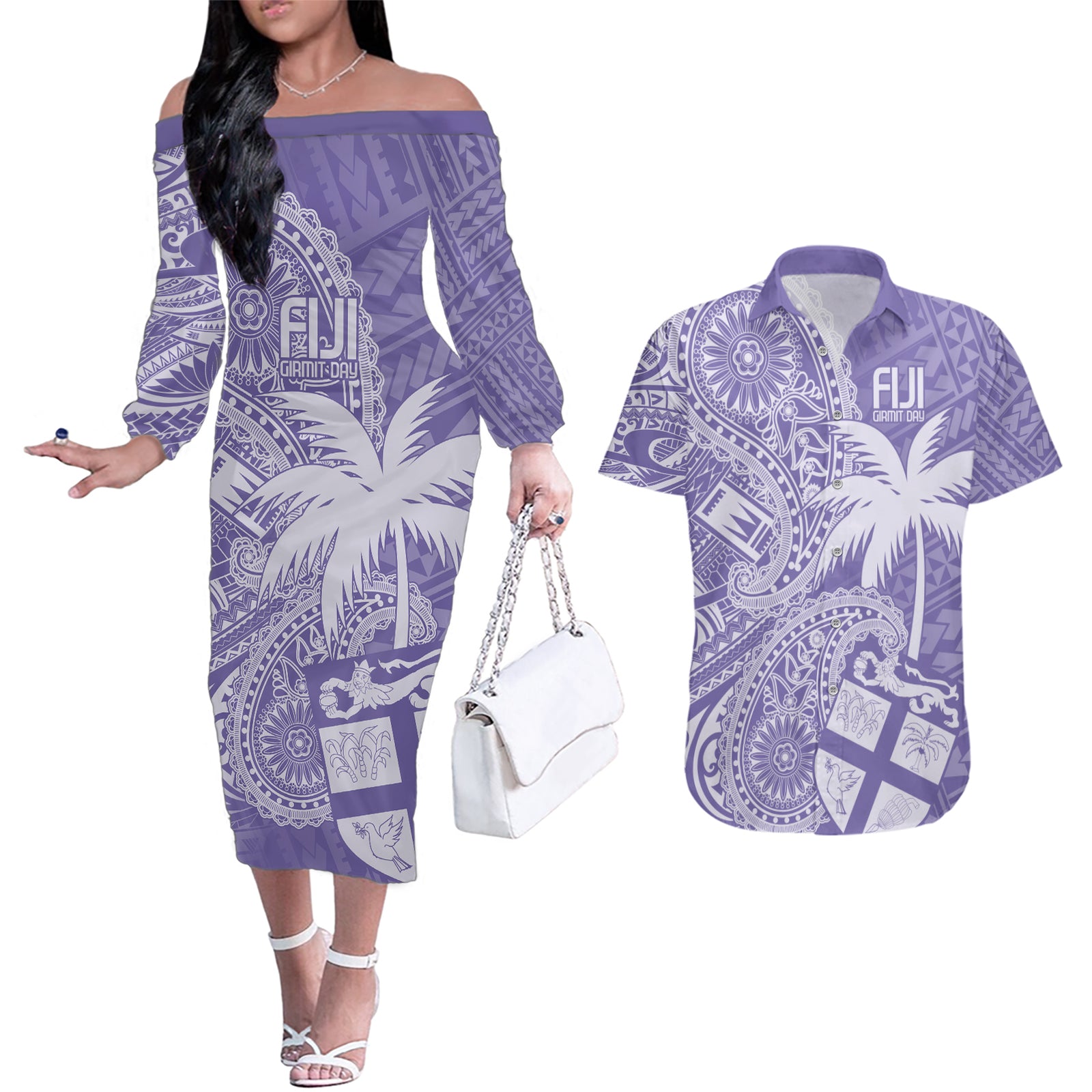 Custom Indo Fijians Couples Matching Off The Shoulder Long Sleeve Dress and Hawaiian Shirt Fiji ke Hindustani Polyneisan Paisley Purple Style