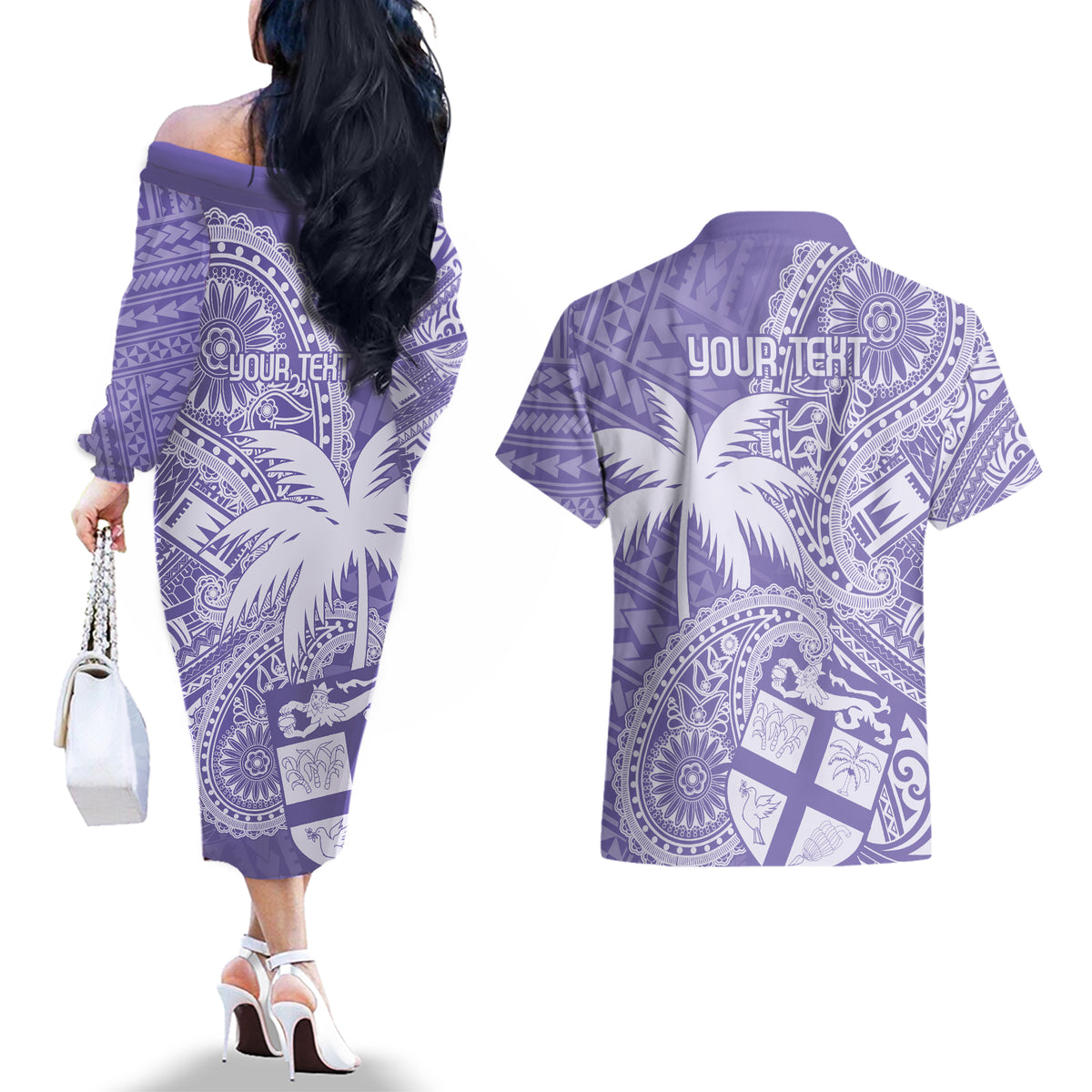 Custom Indo Fijians Couples Matching Off The Shoulder Long Sleeve Dress and Hawaiian Shirt Fiji ke Hindustani Polyneisan Paisley Purple Style LT9 - Polynesian Pride