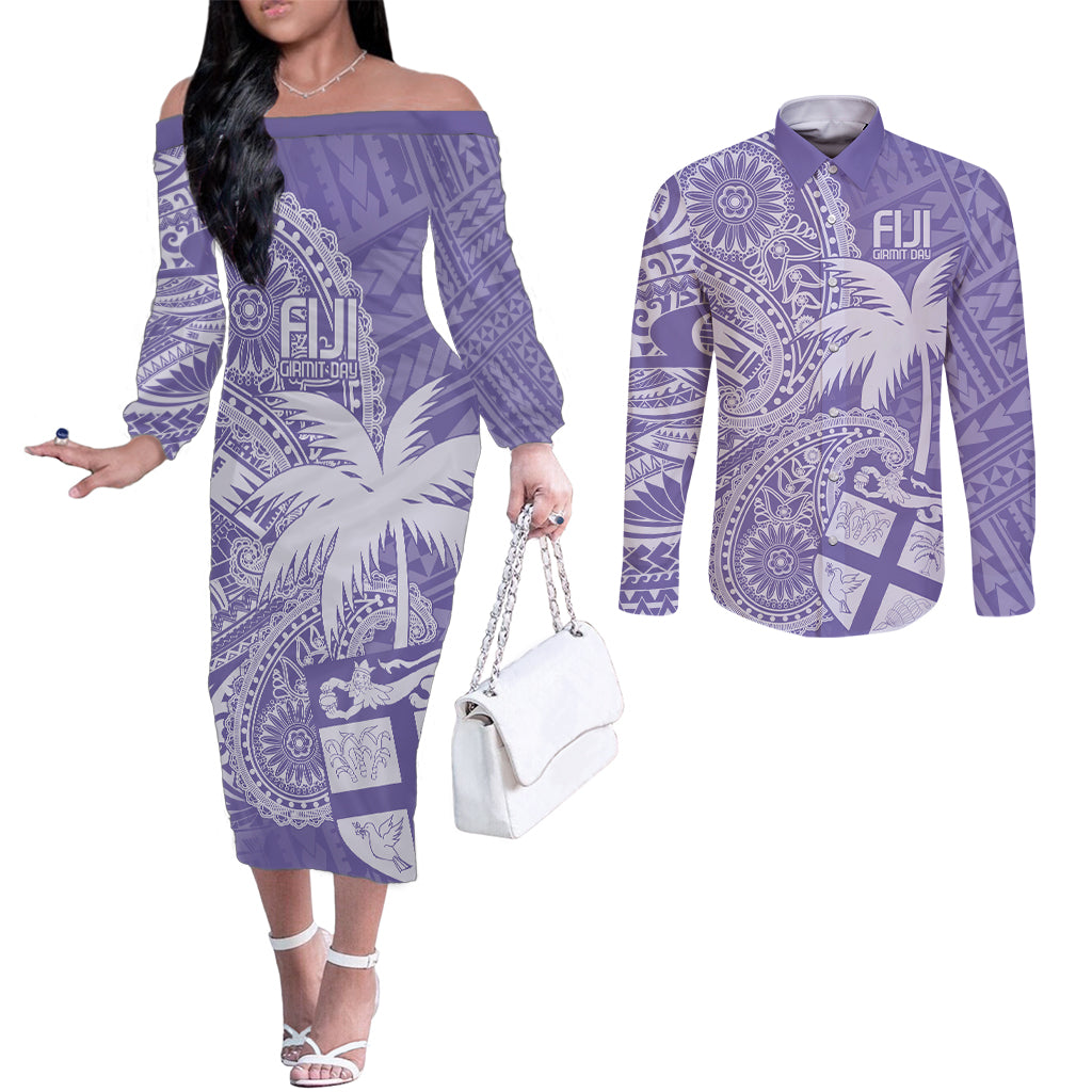 Custom Indo Fijians Couples Matching Off The Shoulder Long Sleeve Dress and Long Sleeve Button Shirt Fiji ke Hindustani Polyneisan Paisley Purple Style LT9 Purple - Polynesian Pride