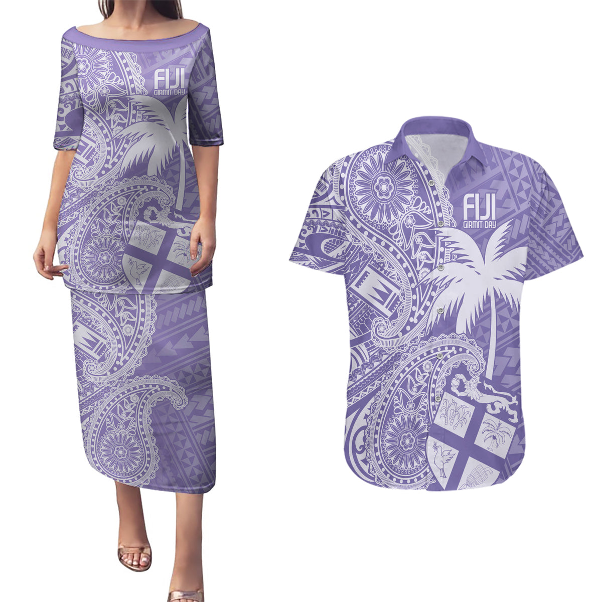 Custom Indo Fijians Couples Matching Puletasi and Hawaiian Shirt Fiji ke Hindustani Polyneisan Paisley Purple Style LT9 Purple - Polynesian Pride