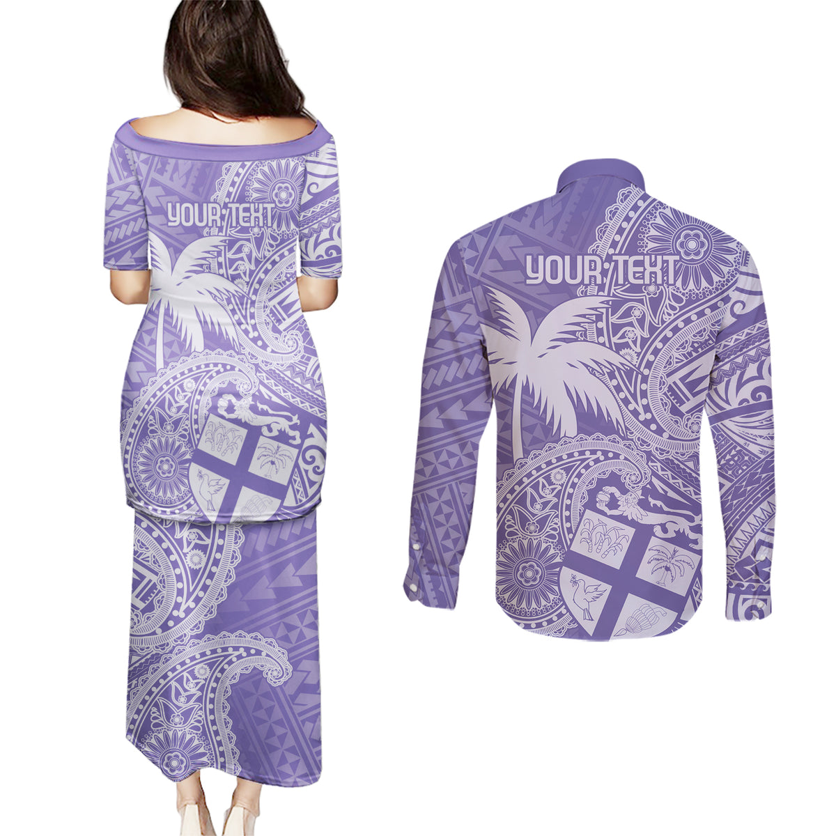 Custom Indo Fijians Couples Matching Puletasi and Long Sleeve Button Shirt Fiji ke Hindustani Polyneisan Paisley Purple Style LT9 - Polynesian Pride