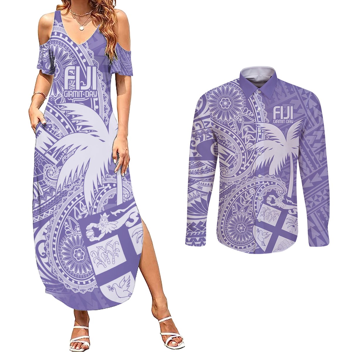 Custom Indo Fijians Couples Matching Summer Maxi Dress and Long Sleeve Button Shirt Fiji ke Hindustani Polyneisan Paisley Purple Style LT9 Purple - Polynesian Pride