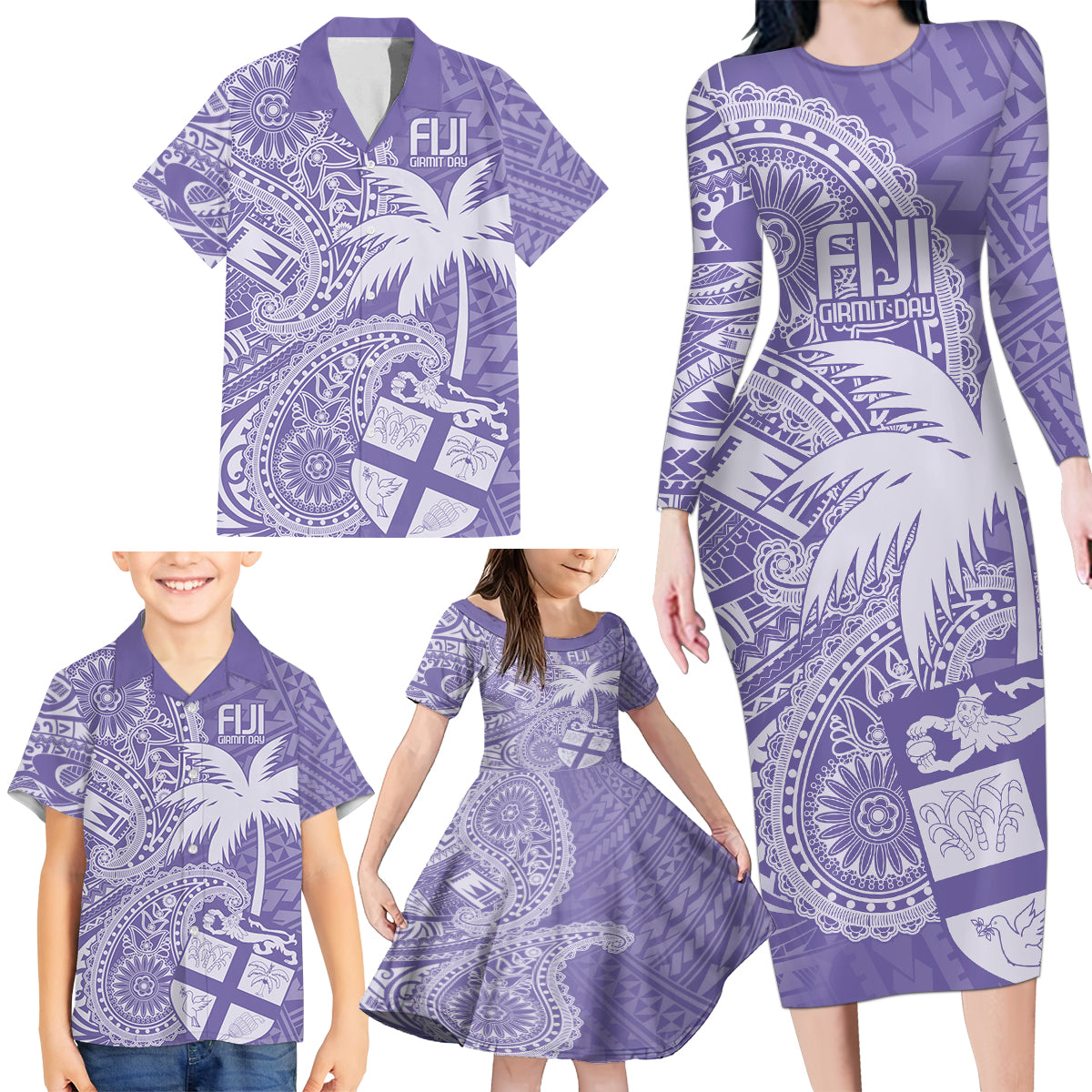 Custom Indo Fijians Family Matching Long Sleeve Bodycon Dress and Hawaiian Shirt Fiji ke Hindustani Polyneisan Paisley Purple Style LT9 - Polynesian Pride