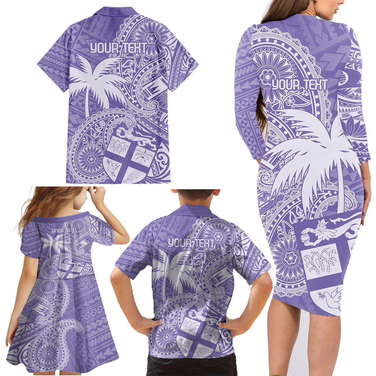 Custom Indo Fijians Family Matching Long Sleeve Bodycon Dress and Hawaiian Shirt Fiji ke Hindustani Polyneisan Paisley Purple Style LT9 - Polynesian Pride