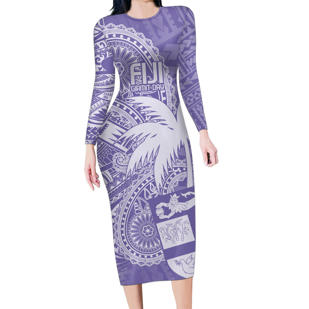 Custom Indo Fijians Family Matching Long Sleeve Bodycon Dress and Hawaiian Shirt Fiji ke Hindustani Polyneisan Paisley Purple Style LT9 Mom's Dress Purple - Polynesian Pride