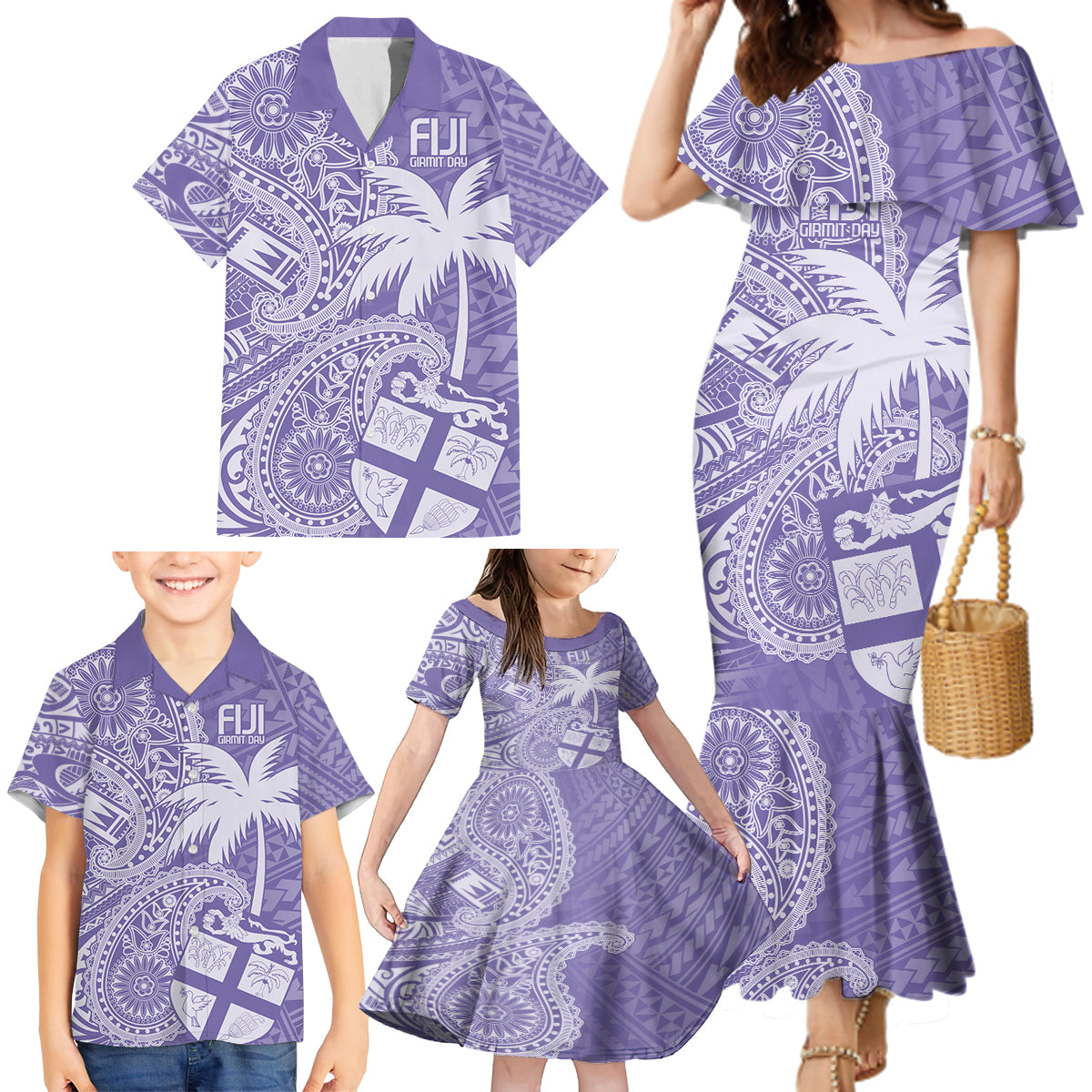 Custom Indo Fijians Family Matching Mermaid Dress and Hawaiian Shirt Fiji ke Hindustani Polyneisan Paisley Purple Style LT9 - Polynesian Pride