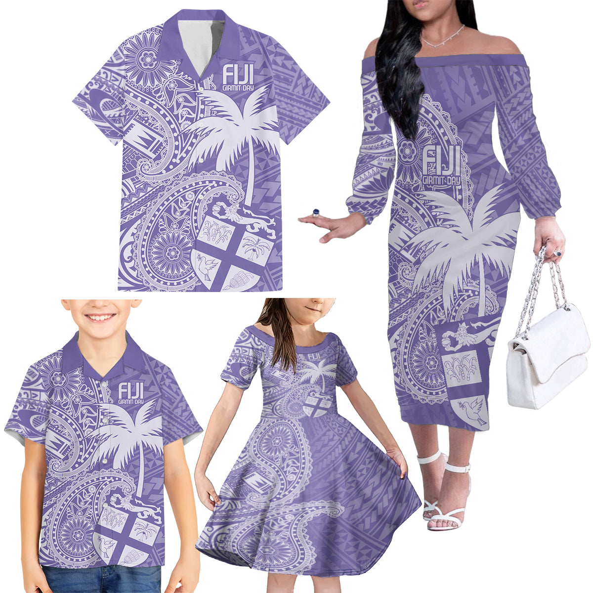 Custom Indo Fijians Family Matching Off The Shoulder Long Sleeve Dress and Hawaiian Shirt Fiji ke Hindustani Polyneisan Paisley Purple Style LT9 - Polynesian Pride