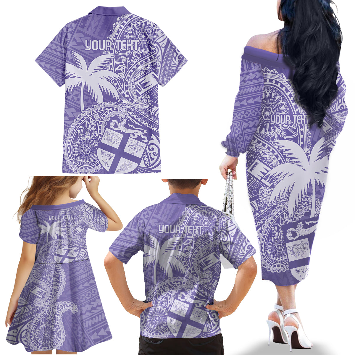 Custom Indo Fijians Family Matching Off The Shoulder Long Sleeve Dress and Hawaiian Shirt Fiji ke Hindustani Polyneisan Paisley Purple Style LT9 - Polynesian Pride