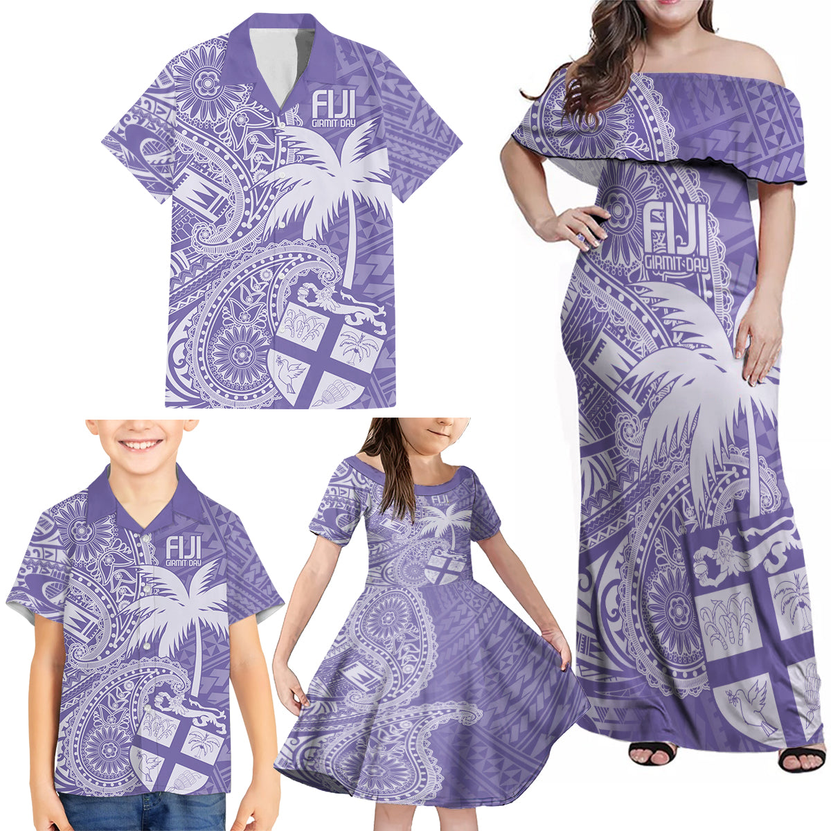 Custom Indo Fijians Family Matching Off Shoulder Maxi Dress and Hawaiian Shirt Fiji ke Hindustani Polyneisan Paisley Purple Style LT9 - Polynesian Pride
