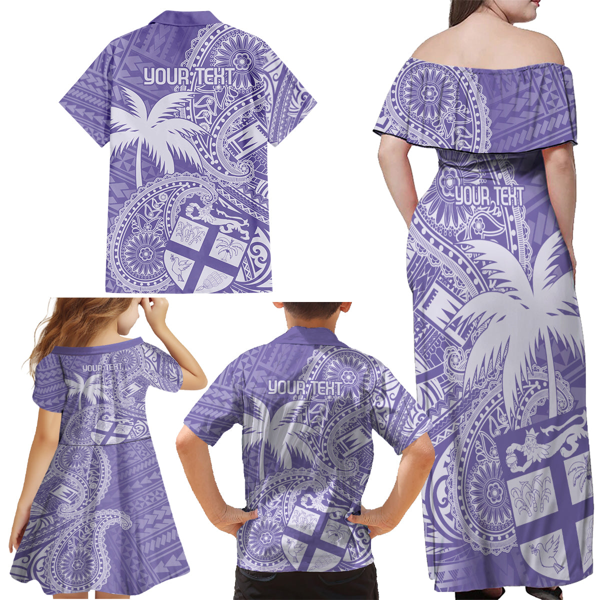 Custom Indo Fijians Family Matching Off Shoulder Maxi Dress and Hawaiian Shirt Fiji ke Hindustani Polyneisan Paisley Purple Style LT9 - Polynesian Pride