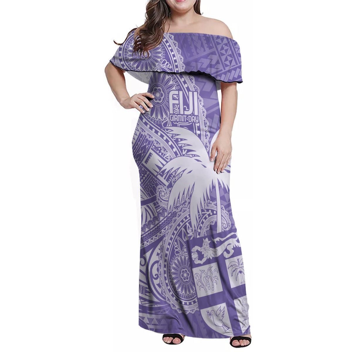 Custom Indo Fijians Family Matching Off Shoulder Maxi Dress and Hawaiian Shirt Fiji ke Hindustani Polyneisan Paisley Purple Style LT9 Mom's Dress Purple - Polynesian Pride