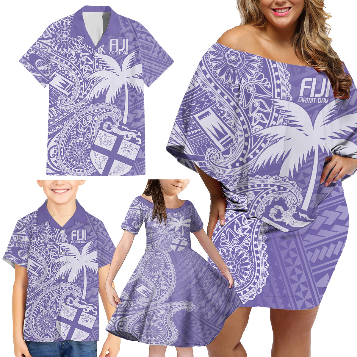Custom Indo Fijians Family Matching Off Shoulder Short Dress and Hawaiian Shirt Fiji ke Hindustani Polyneisan Paisley Purple Style LT9 - Polynesian Pride