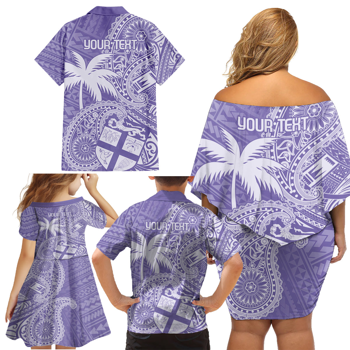 Custom Indo Fijians Family Matching Off Shoulder Short Dress and Hawaiian Shirt Fiji ke Hindustani Polyneisan Paisley Purple Style LT9 - Polynesian Pride