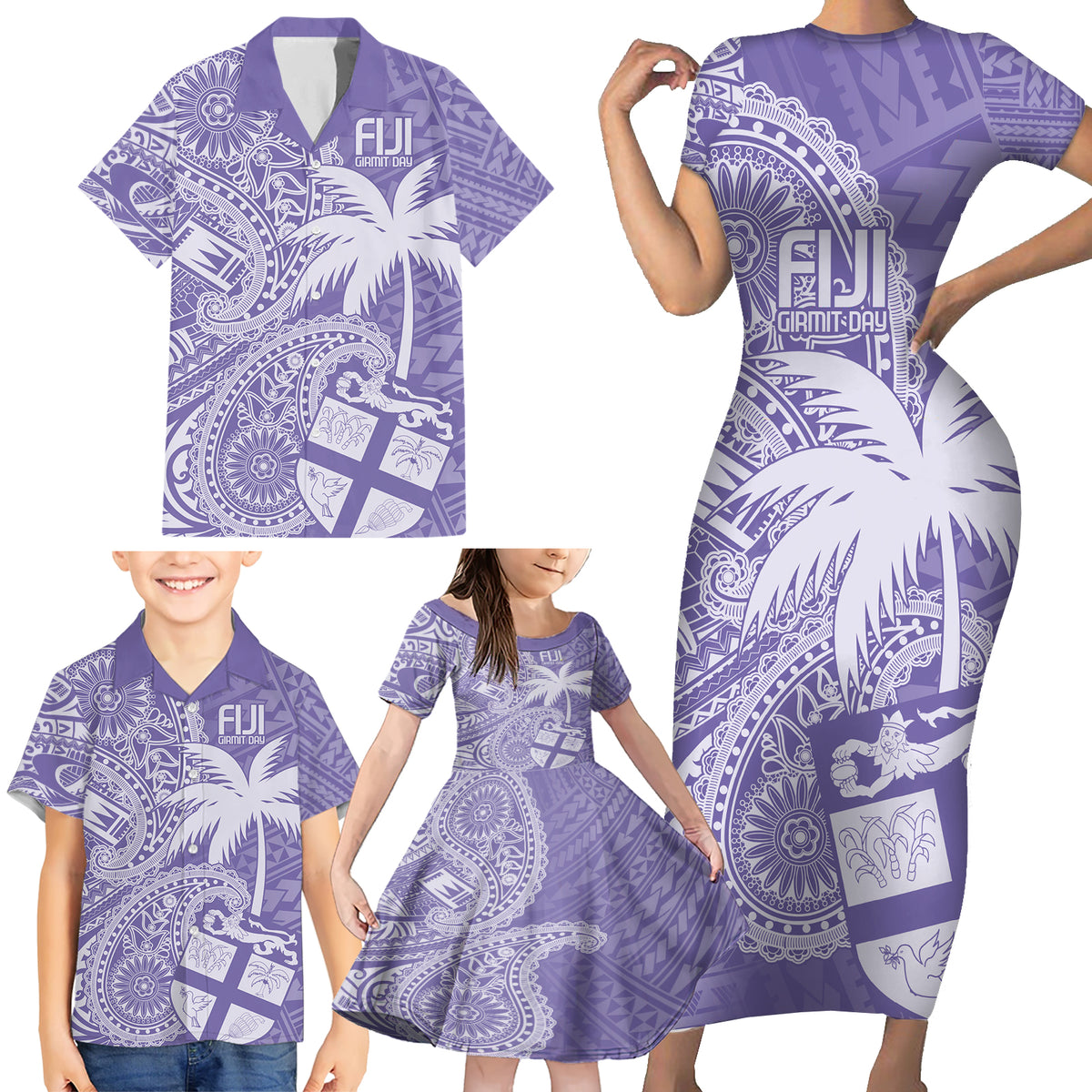 Custom Indo Fijians Family Matching Short Sleeve Bodycon Dress and Hawaiian Shirt Fiji ke Hindustani Polyneisan Paisley Purple Style LT9 - Polynesian Pride