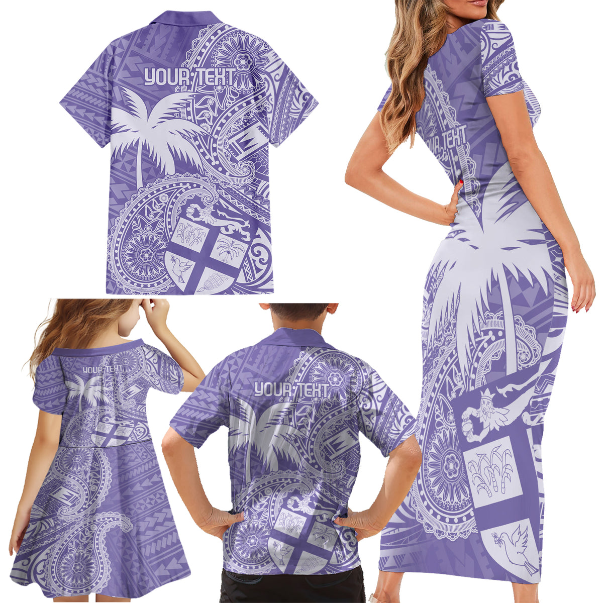 Custom Indo Fijians Family Matching Short Sleeve Bodycon Dress and Hawaiian Shirt Fiji ke Hindustani Polyneisan Paisley Purple Style LT9 - Polynesian Pride