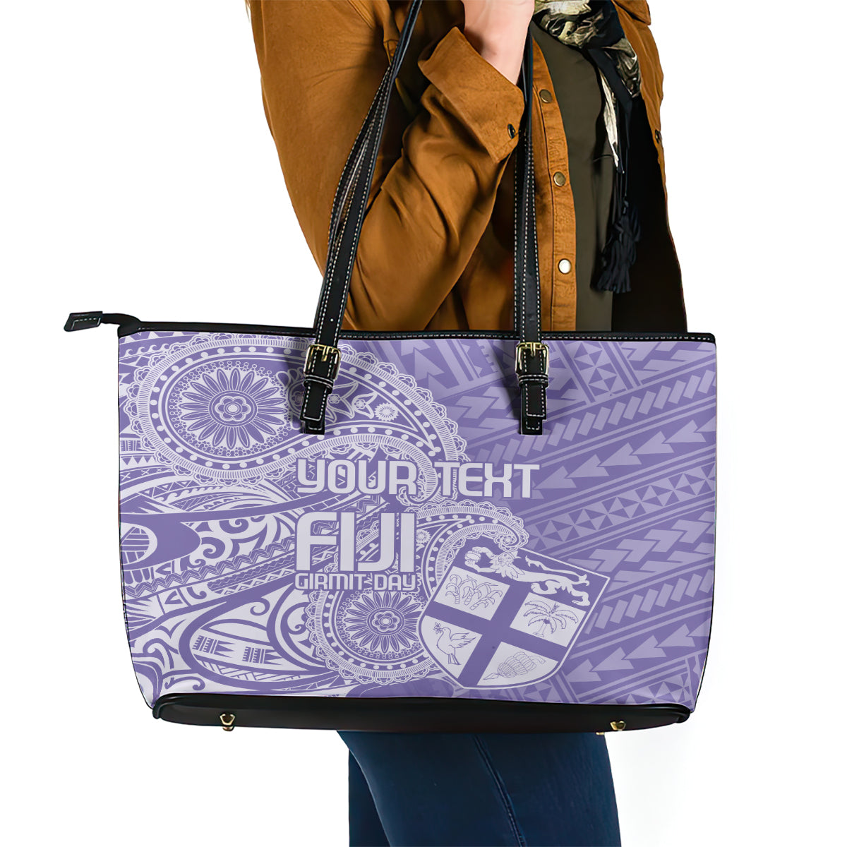 Custom Indo Fijians Leather Tote Bag Fiji ke Hindustani Polyneisan Paisley Purple Style LT9 - Polynesian Pride