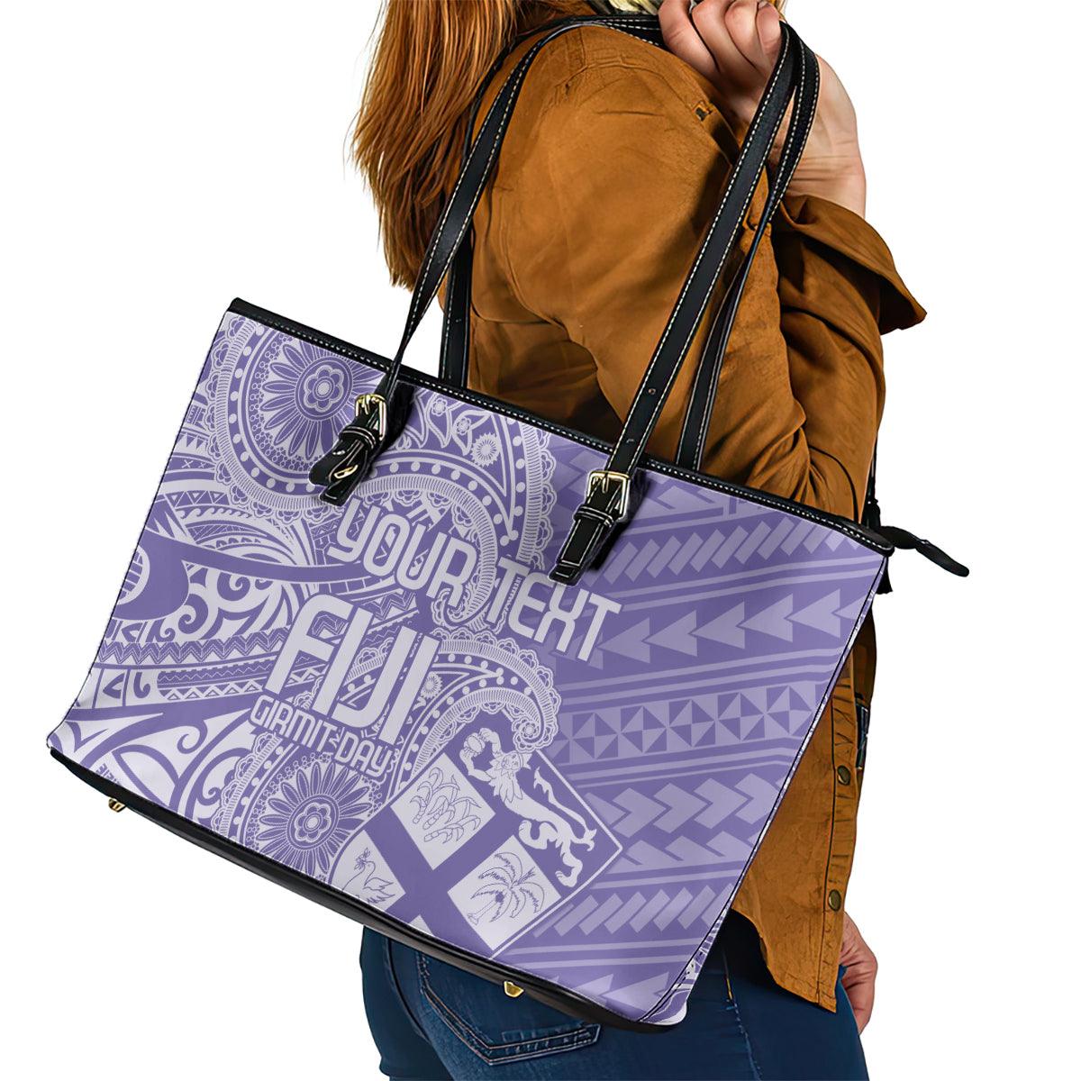 Custom Indo Fijians Leather Tote Bag Fiji ke Hindustani Polyneisan Paisley Purple Style LT9 - Polynesian Pride