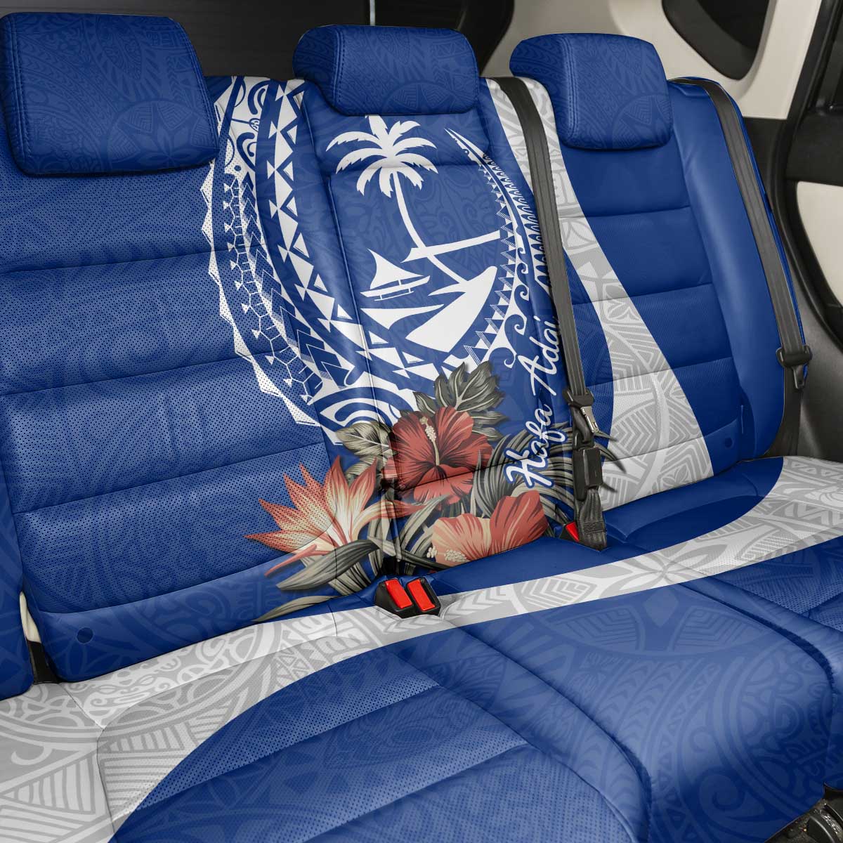 Blue Guam Hafa Adai Back Car Seat Cover Tropical Flowers with Polynesian Pattern LT9 - Polynesian Pride