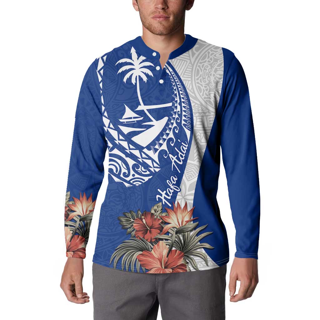 Blue Guam Hafa Adai Button Sweatshirt Tropical Flowers with Polynesian Pattern