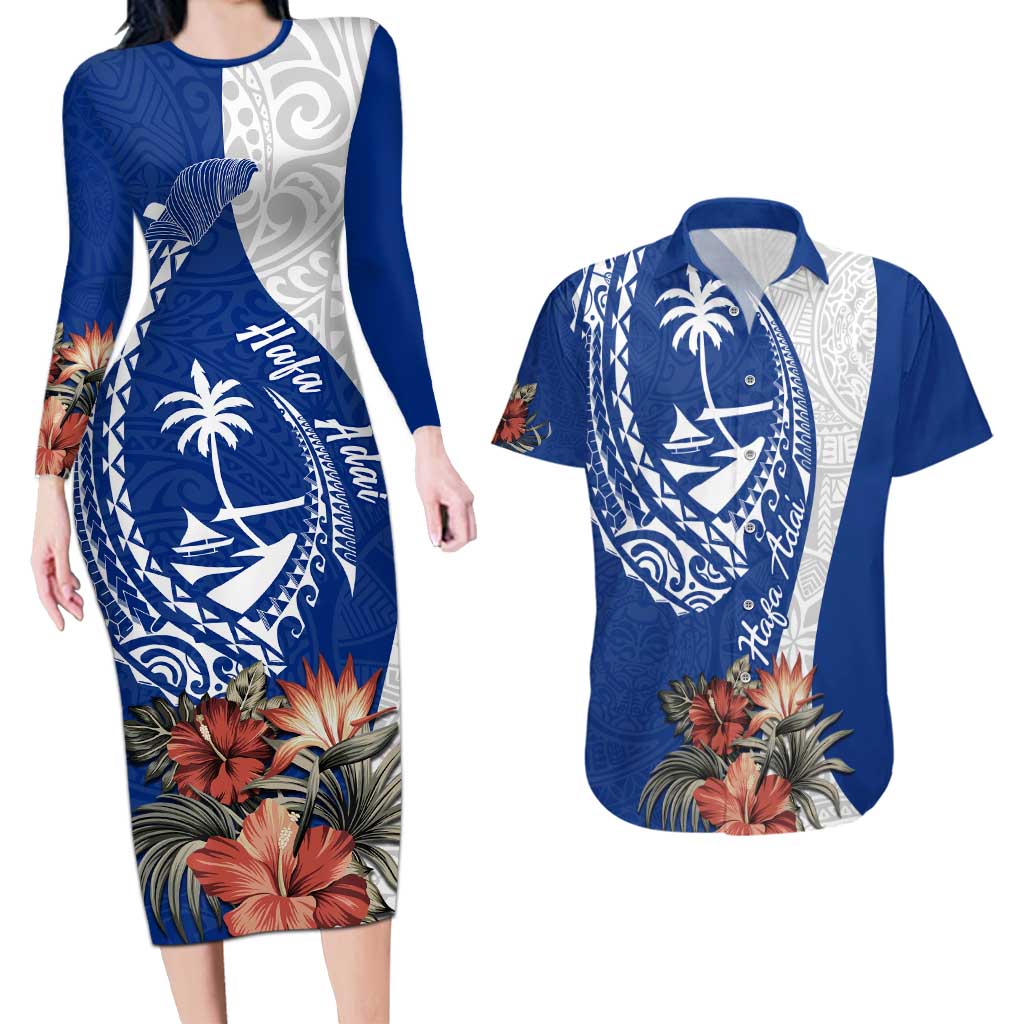 Blue Guam Hafa Adai Couples Matching Long Sleeve Bodycon Dress and Hawaiian Shirt Tropical Flowers with Polynesian Pattern LT9 Blue - Polynesian Pride