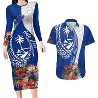 Blue Guam Hafa Adai Couples Matching Long Sleeve Bodycon Dress and Hawaiian Shirt Tropical Flowers with Polynesian Pattern LT9 Blue - Polynesian Pride