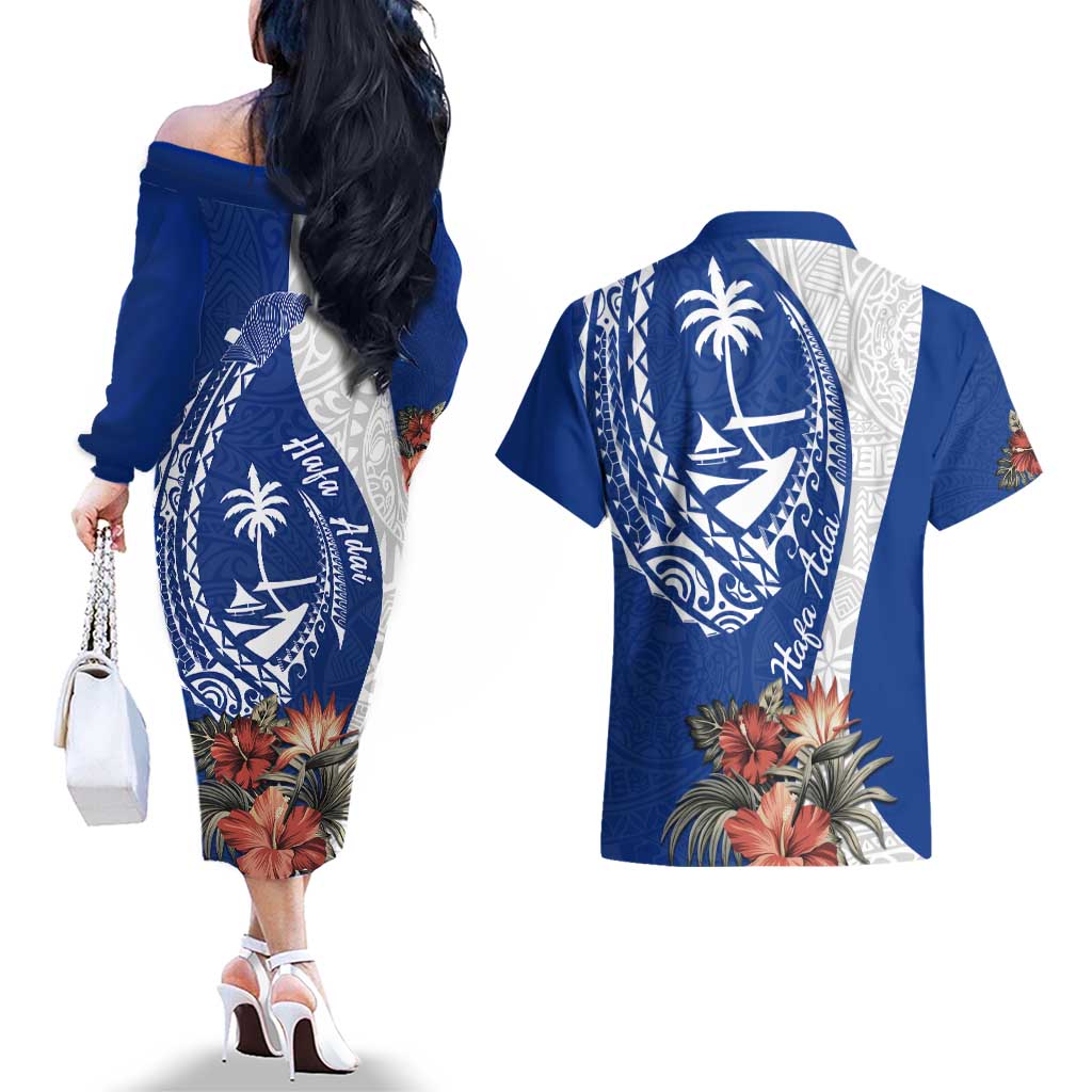 Blue Guam Hafa Adai Couples Matching Off The Shoulder Long Sleeve Dress and Hawaiian Shirt Tropical Flowers with Polynesian Pattern LT9 - Polynesian Pride