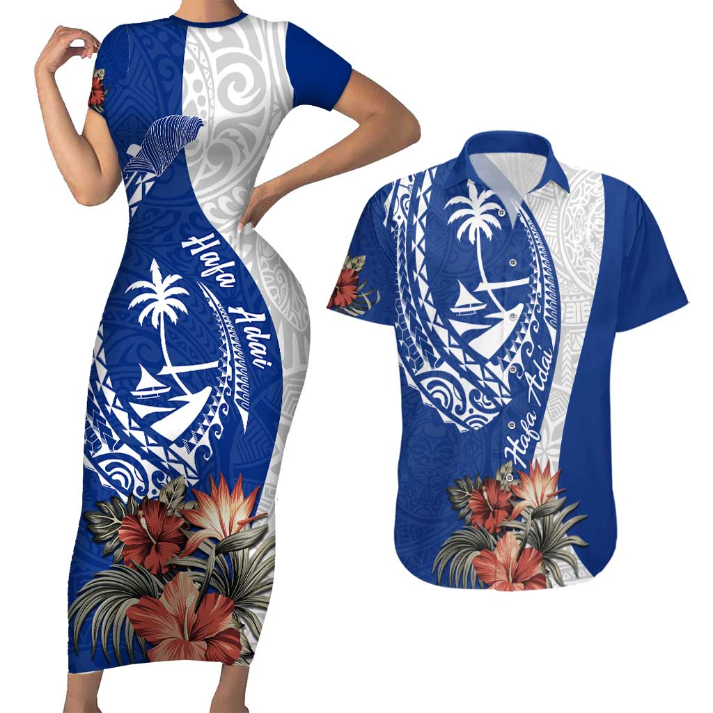 Blue Guam Hafa Adai Couples Matching Short Sleeve Bodycon Dress and Hawaiian Shirt Tropical Flowers with Polynesian Pattern LT9 Blue - Polynesian Pride