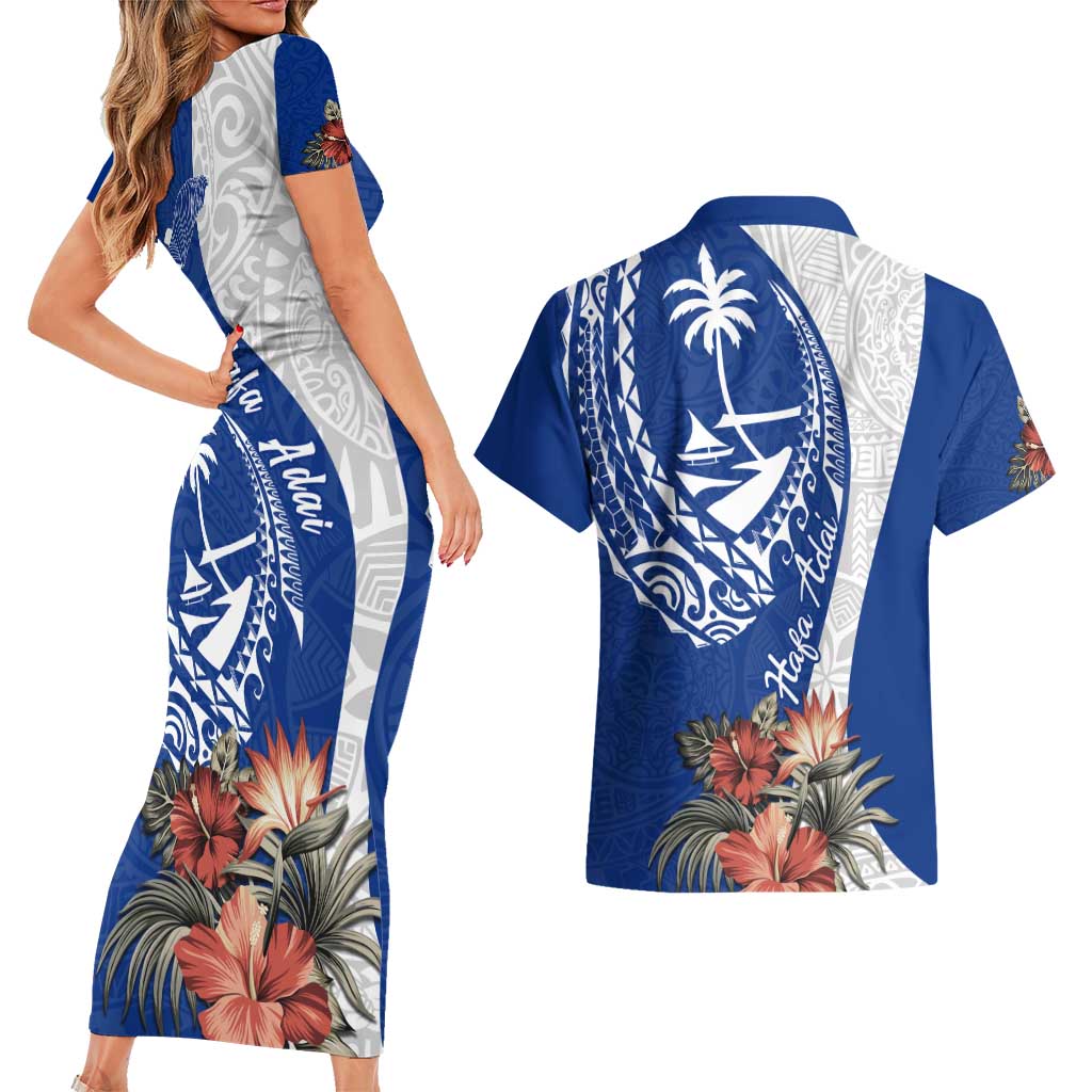 Blue Guam Hafa Adai Couples Matching Short Sleeve Bodycon Dress and Hawaiian Shirt Tropical Flowers with Polynesian Pattern LT9 - Polynesian Pride