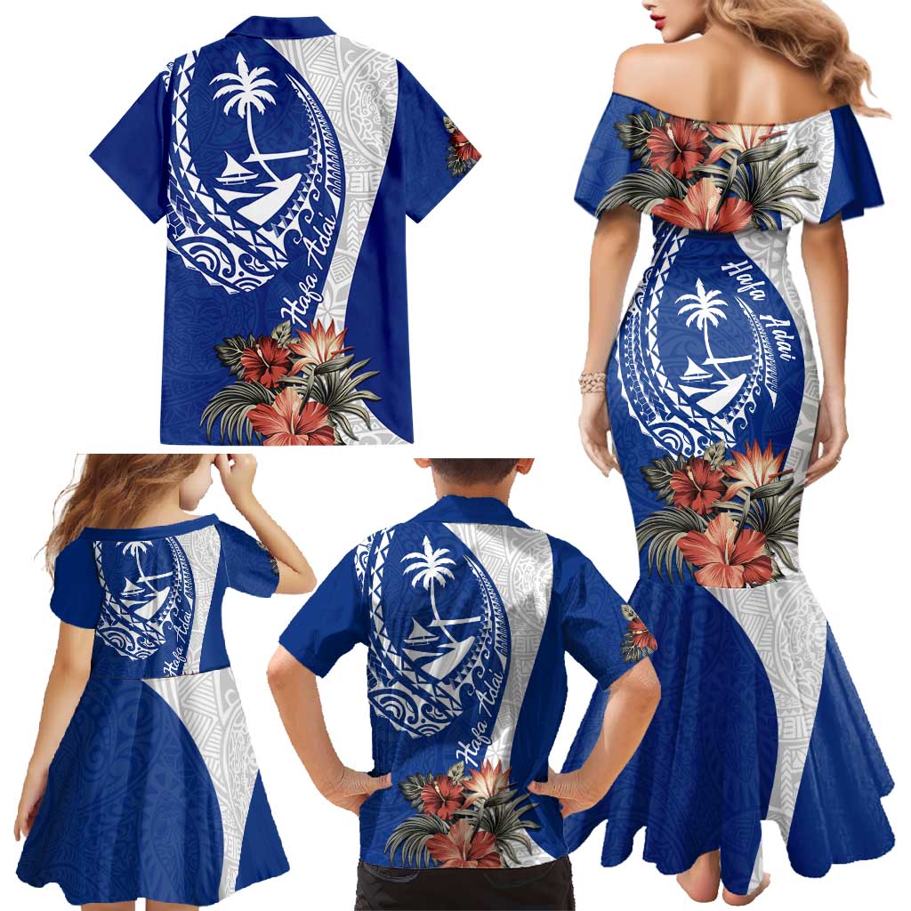 Blue Guam Hafa Adai Family Matching Mermaid Dress and Hawaiian Shirt Tropical Flowers with Polynesian Pattern LT9 - Polynesian Pride