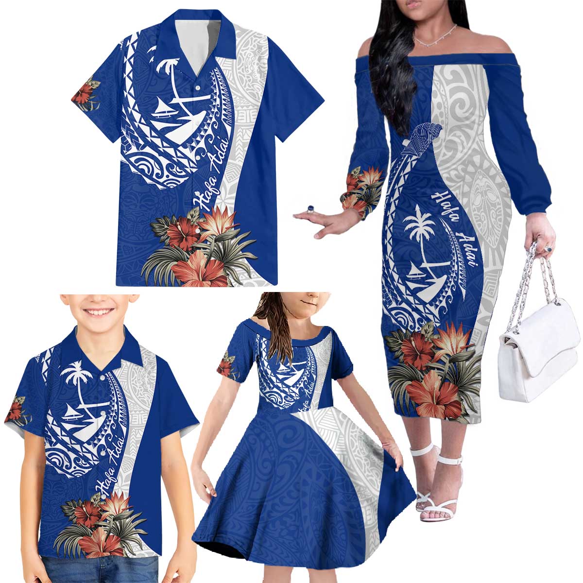 Blue Guam Hafa Adai Family Matching Off The Shoulder Long Sleeve Dress and Hawaiian Shirt Tropical Flowers with Polynesian Pattern LT9 - Polynesian Pride