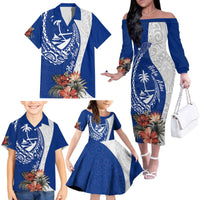Blue Guam Hafa Adai Family Matching Off The Shoulder Long Sleeve Dress and Hawaiian Shirt Tropical Flowers with Polynesian Pattern LT9 - Polynesian Pride
