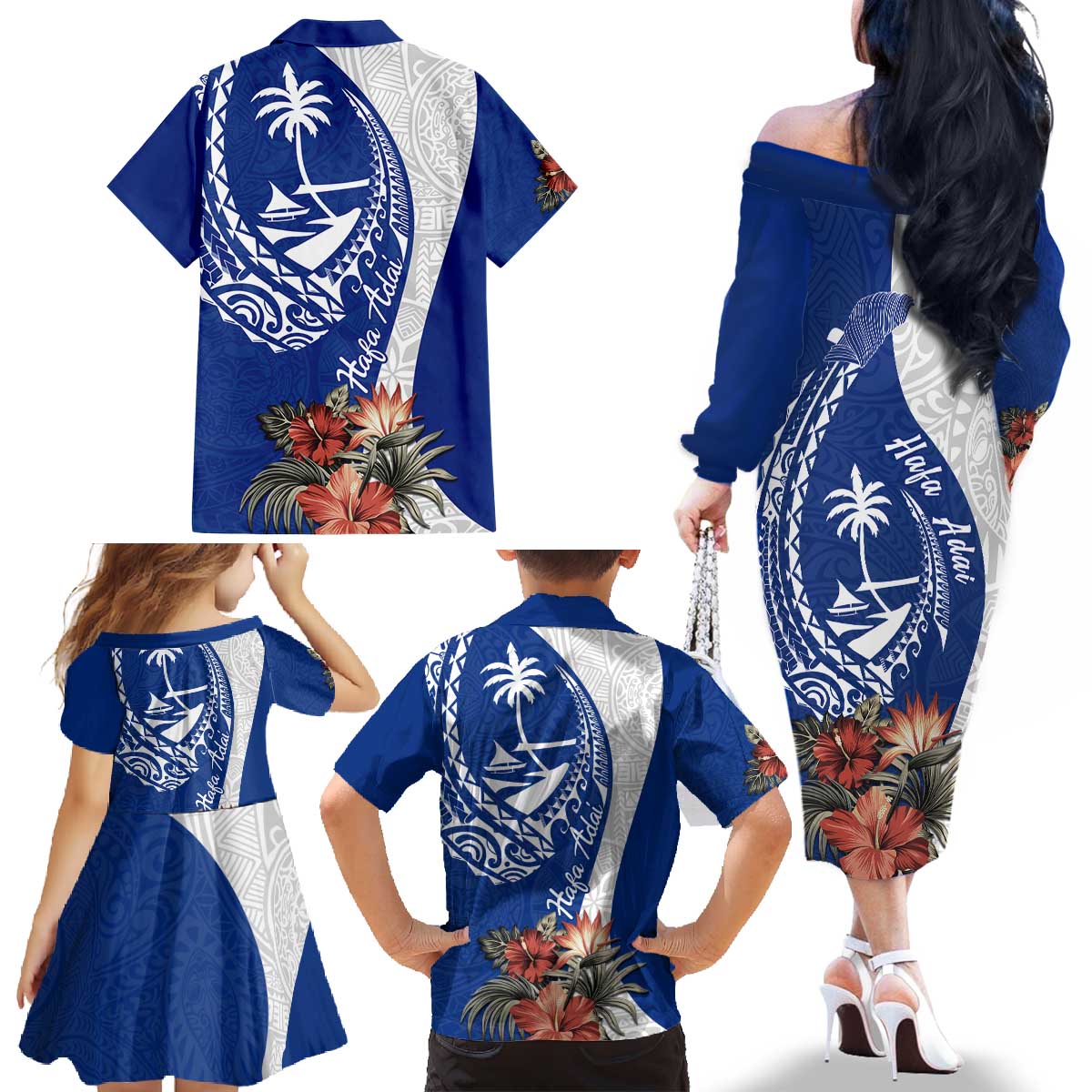 Blue Guam Hafa Adai Family Matching Off The Shoulder Long Sleeve Dress and Hawaiian Shirt Tropical Flowers with Polynesian Pattern LT9 - Polynesian Pride