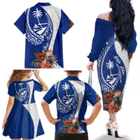 Blue Guam Hafa Adai Family Matching Off The Shoulder Long Sleeve Dress and Hawaiian Shirt Tropical Flowers with Polynesian Pattern LT9 - Polynesian Pride