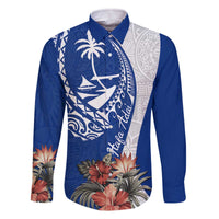 Blue Guam Hafa Adai Family Matching Off The Shoulder Long Sleeve Dress and Hawaiian Shirt Tropical Flowers with Polynesian Pattern LT9 Dad's Shirt - Long Sleeve Blue - Polynesian Pride