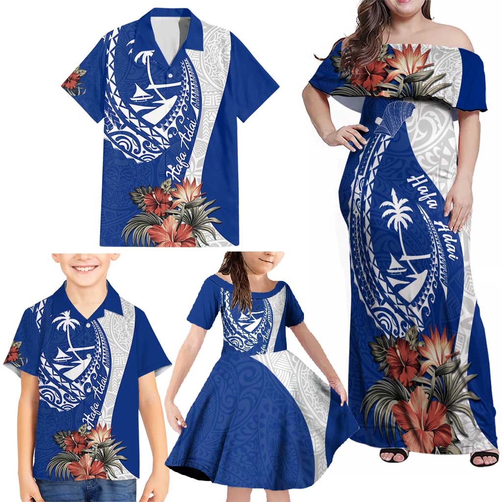 Blue Guam Hafa Adai Family Matching Off Shoulder Maxi Dress and Hawaiian Shirt Tropical Flowers with Polynesian Pattern LT9 - Polynesian Pride