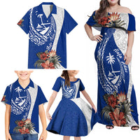 Blue Guam Hafa Adai Family Matching Off Shoulder Maxi Dress and Hawaiian Shirt Tropical Flowers with Polynesian Pattern LT9 - Polynesian Pride