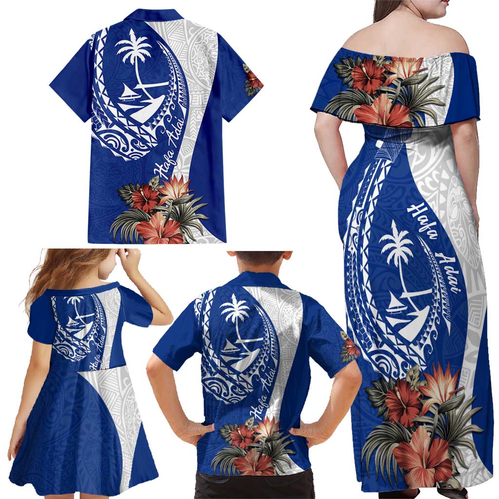 Blue Guam Hafa Adai Family Matching Off Shoulder Maxi Dress and Hawaiian Shirt Tropical Flowers with Polynesian Pattern LT9 - Polynesian Pride