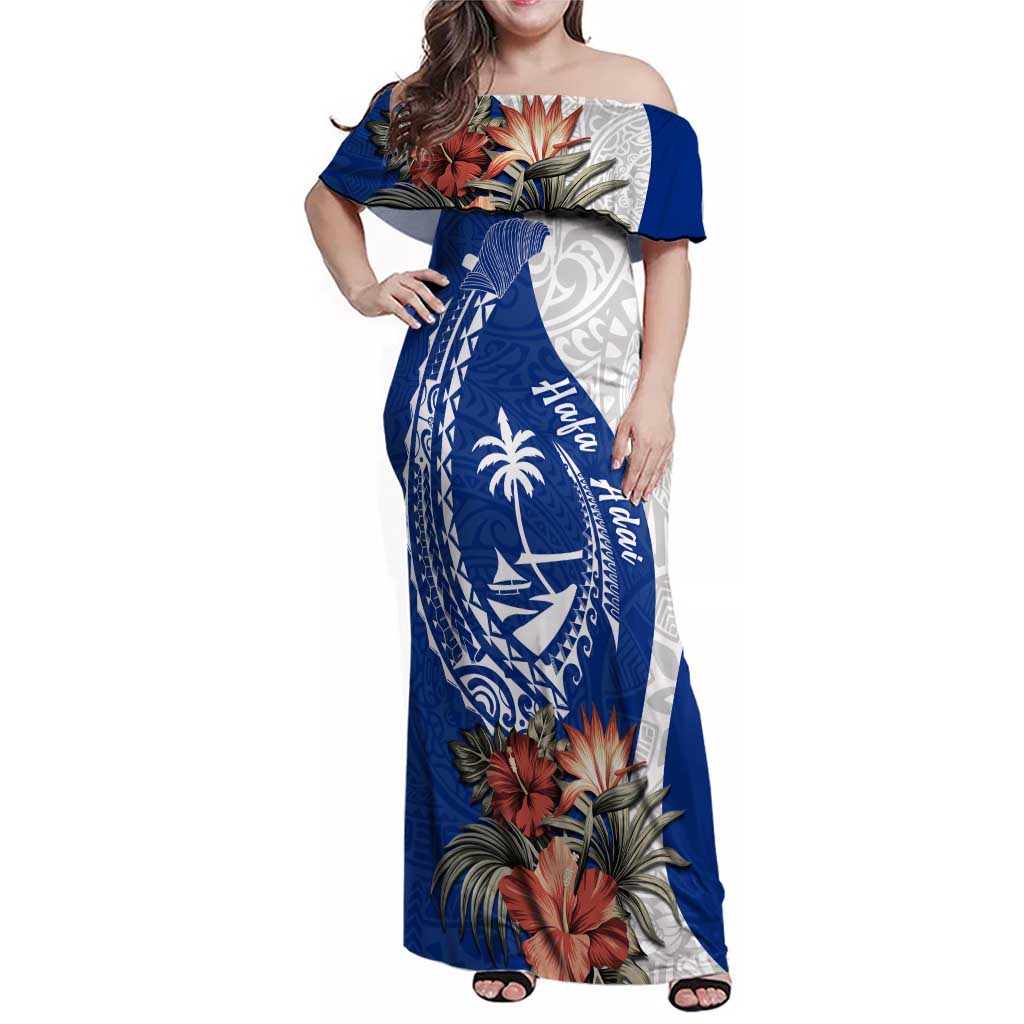 Blue Guam Hafa Adai Family Matching Off Shoulder Maxi Dress and Hawaiian Shirt Tropical Flowers with Polynesian Pattern LT9 Mom's Dress Blue - Polynesian Pride