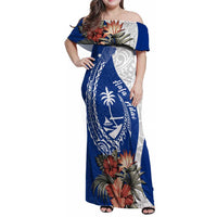 Blue Guam Hafa Adai Family Matching Off Shoulder Maxi Dress and Hawaiian Shirt Tropical Flowers with Polynesian Pattern LT9 Mom's Dress Blue - Polynesian Pride