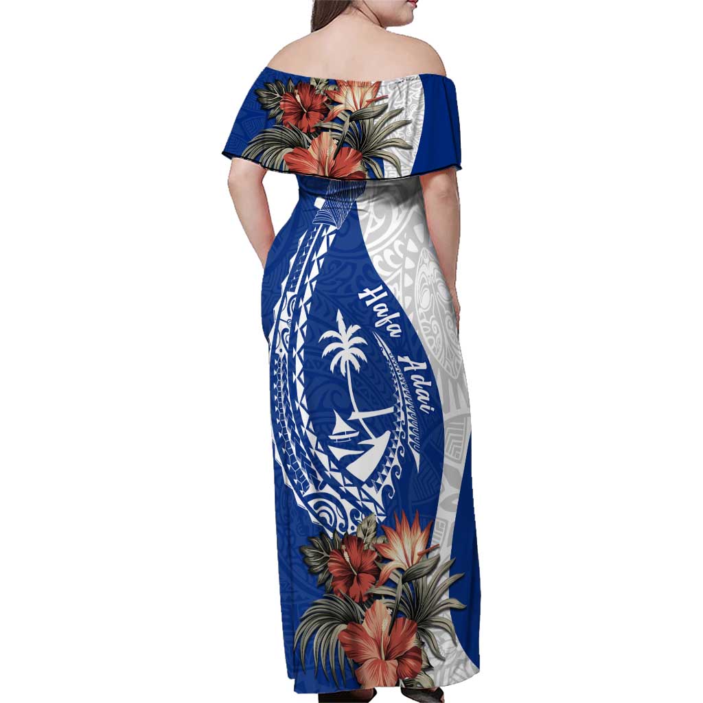 Blue Guam Hafa Adai Family Matching Off Shoulder Maxi Dress and Hawaiian Shirt Tropical Flowers with Polynesian Pattern LT9 - Polynesian Pride