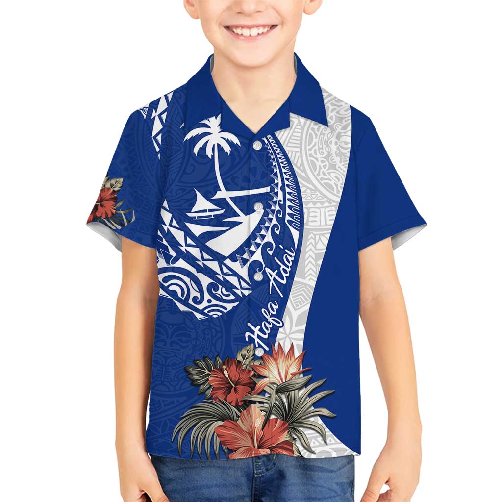 Blue Guam Hafa Adai Family Matching Off Shoulder Maxi Dress and Hawaiian Shirt Tropical Flowers with Polynesian Pattern LT9 Son's Shirt Blue - Polynesian Pride