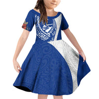 Blue Guam Hafa Adai Family Matching Off Shoulder Short Dress and Hawaiian Shirt Tropical Flowers with Polynesian Pattern LT9 Daughter's Dress Blue - Polynesian Pride
