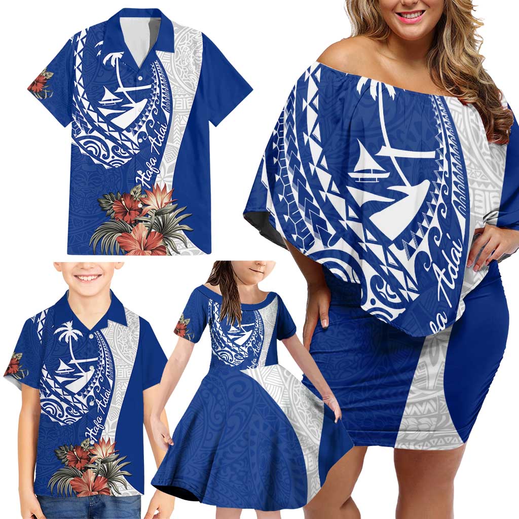 Blue Guam Hafa Adai Family Matching Off Shoulder Short Dress and Hawaiian Shirt Tropical Flowers with Polynesian Pattern LT9 - Polynesian Pride