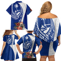 Blue Guam Hafa Adai Family Matching Off Shoulder Short Dress and Hawaiian Shirt Tropical Flowers with Polynesian Pattern LT9 - Polynesian Pride